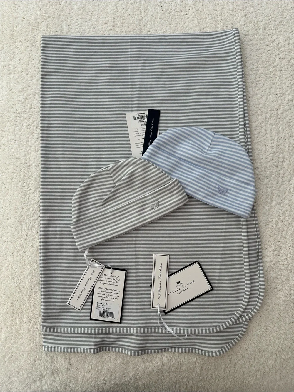 Petite Plume Baby Stripe Hat & Blanket Set 100% Peruvian Pima Cotton